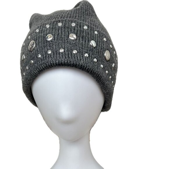 Michael Kors Gray Logo Metal Studded Acrylic Sweater Cuff Beanie Hat- One Size main image 5